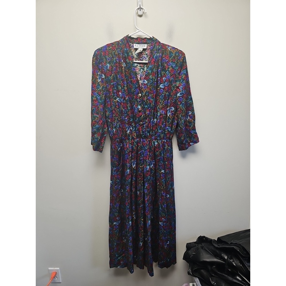 Vintage RJ Stevens Carol Escritor Floral Rayon Midi Dress Jewel Tone Pockets 16
